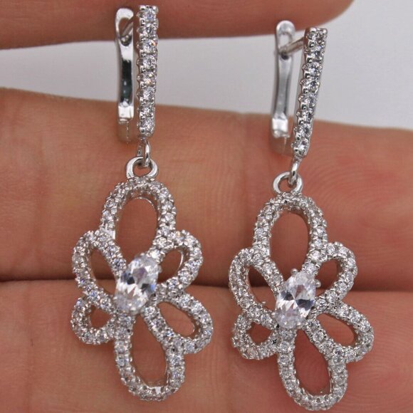 Jewelry - 18K White Gold Filled Hollow Flower White Diamond Zircon Dangle Earrings